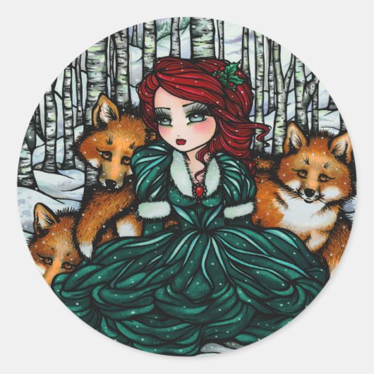 Whimsical Winter Fox Trees Fantasy Fairy Comic Art Ronde Sticker (Voorkant)