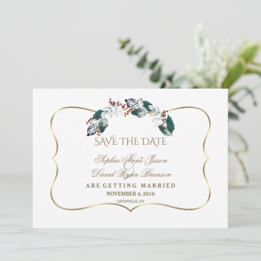 Whimsical Winter Heilige Berries redt de datum Save The Date (Staand voorkant)