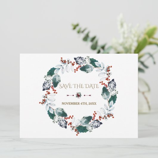 Whimsical Winter Heilige Berries redt de datum Save The Date (Staand voorkant)