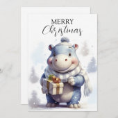 Whimsical Winter Hippo Kerst Kaart (Voorkant / Achterkant)
