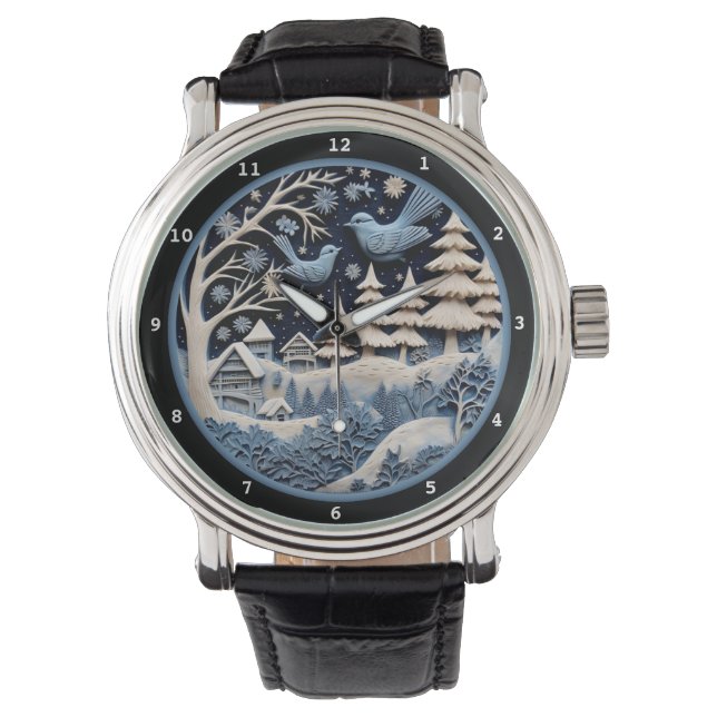 Whimsical Winter Holiday Birds in Forest Horloge (Voorkant)