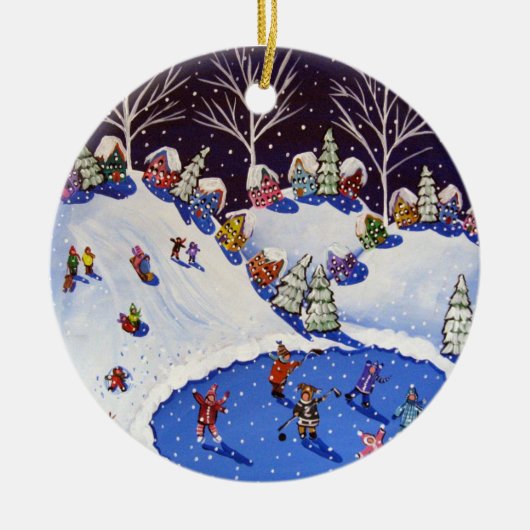 Whimsical Winter Ice Skaters Sled Riders Ornament (Voorkant)