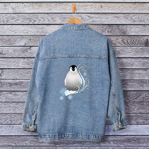Whimsical Winter Pinguïn Art Nouveau Sneeuwvlokken Denim Jacket