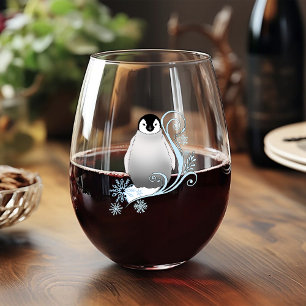 Whimsical Winter Pinguïn Art Nouveau Sneeuwvlokken Wijnglas Zonder Voet