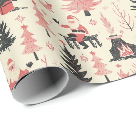 Whimsical Winter Scene: Kerstman, open haard, crèm Cadeaupapier (Rol Hoek)