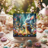 Whimsical Wit Konijn Watering Bloemen Pasen Feestdagenkaart