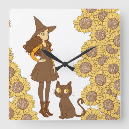 Whimsical Witch and Cat zonnebloem wandklok Vierkante Klok