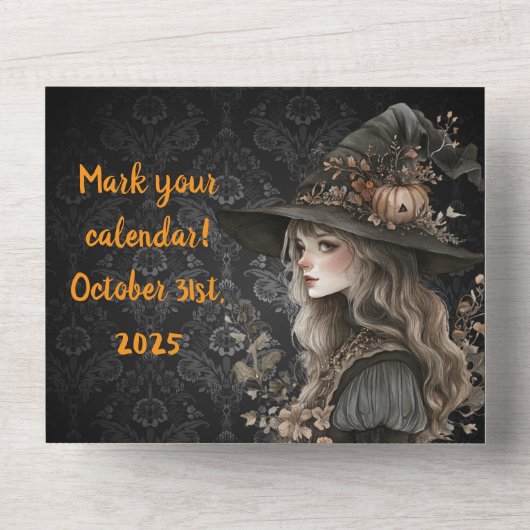 Whimsical Witch beroemd gemaakt door Black Damask All In One Uitnodiging (Voorkant)