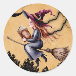 Whimsical Witch Flying Broom Girl Verjaardagsfeest Ronde Sticker
