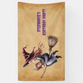 Whimsical Witch Flying Broom Girl Verjaardagsfeest Spandoek (Verticaal)