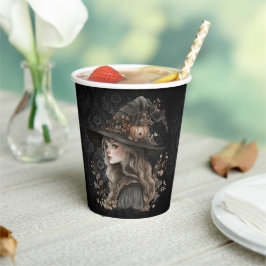 Whimsical Witch on Black Damask Papieren Bekers