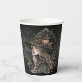 Whimsical Witch on Black Damask Papieren Bekers (Achterkant)