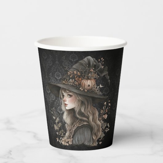 Whimsical Witch on Black Damask Papieren Bekers (Voorkant)
