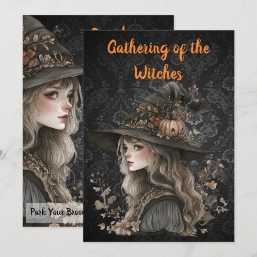Whimsical Witch on Black Damask Save The Date (Voorkant / Achterkant)