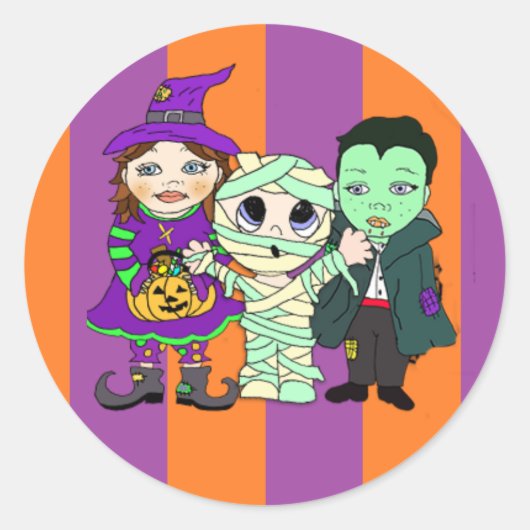 Whimsical Witch, Vampier en Mummy Halloween Ronde Sticker (Voorkant)