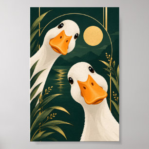 Whimsical Witte Ganzen Vintage Botanische Muurkuns Poster