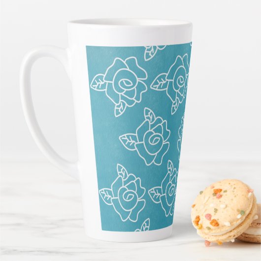 Whimsical Witte Rozen Hand-getrokken Bloemen Turqu Latte Mok (In situ)
