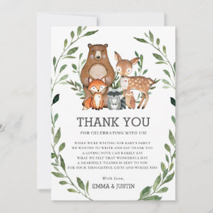 Whimsical Woodland Animals Greenery Baby shower Bedankkaart
