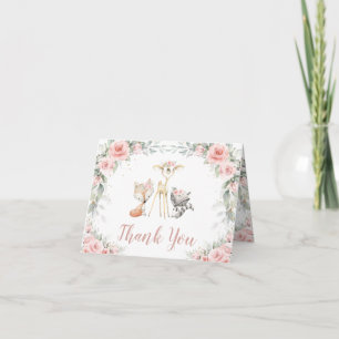 Whimsical Woodland Animals Soft Blush Floral Baby Bedankkaart