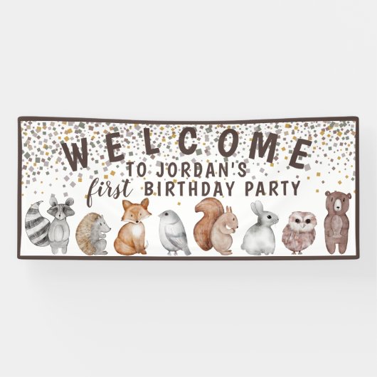 Whimsical Woodland Animals Verjaardag Welkom Spandoek (Horizontaal)