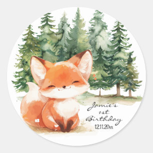 Whimsical Woodland Baby Fox 1st Birthday Ronde Sticker