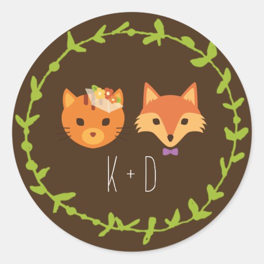 Whimsical Woodland Cat & Fox bruiloft Ronde Sticker (Voorkant)