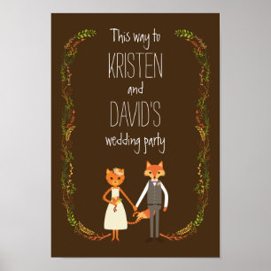 Whimsical Woodland Cat & Fox Couple Weddenschap Poster