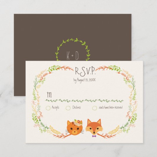 Whimsical Woodland Cat & Fox Paar Bruiloft RSVP (Voorkant / Achterkant)