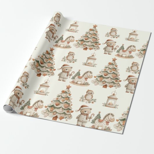 Whimsical Woodland Christmas Bears and Horses Cadeaupapier (Uitgerold)