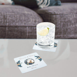 Whimsical Woodland Herten Blauwe Bloemen Bladeren  Vierkante Kartonnen Onderzetter