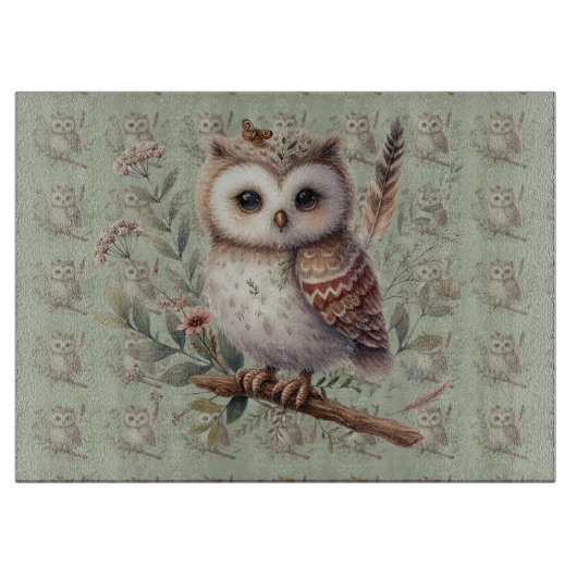 Whimsical Woodland Owl Botanical Illustration Snijplank (Voorkant)