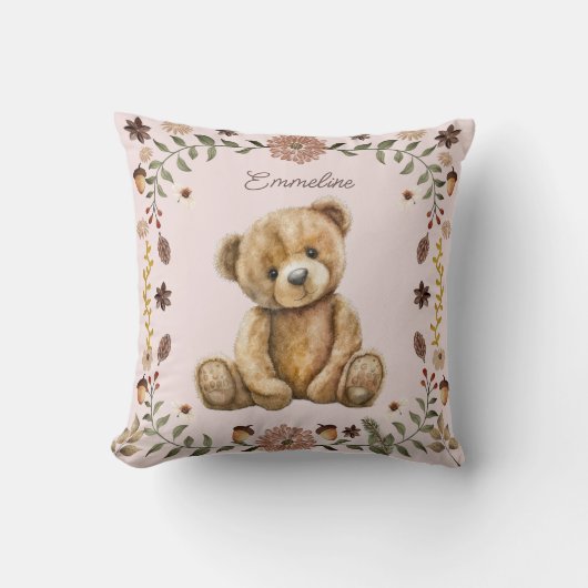 Whimsical Woodland Teddy Bear Blush Pink Nursery Kussen (Voorkant)