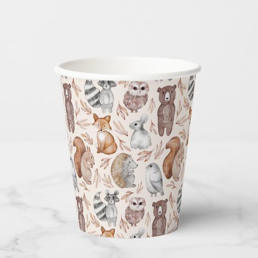 Whimsical Woodland Waterverf Dieren Party Papieren Bekers (Voorkant)