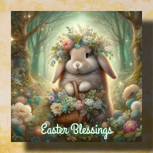 Whimsical Woodlands Bunny Flower Basket Pasen Feestdagenkaart