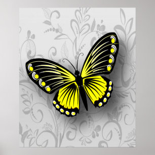 Whimsical Yellow Butterfly op Grey Floral Poster