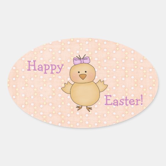 Whimsical Yellow Easter Chick on Peach Easter Eggs Ovale Sticker (Voorkant)