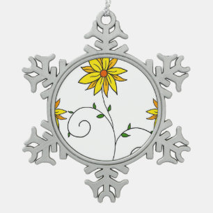 Whimsical Yellow Flower Doodle Art Tin Sneeuwvlok Ornament