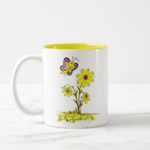 Whimsical Yellow Flowers met een Butterfly Tweekleurige Koffiemok