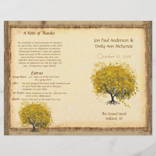 Whimsical Yellow Heart Leaf Tree Wedding Programme (Voorkant)