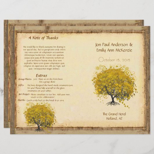 Whimsical Yellow Heart Leaf Tree Wedding Programme (Voorkant / Achterkant)