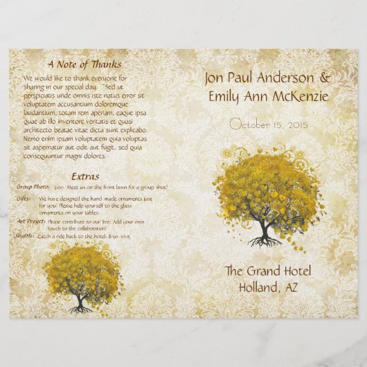 Whimsical Yellow Heart Leaf Tree Wedding Programme (Voorkant)