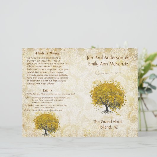 Whimsical Yellow Heart Leaf Tree Wedding Programme (Debout devant)