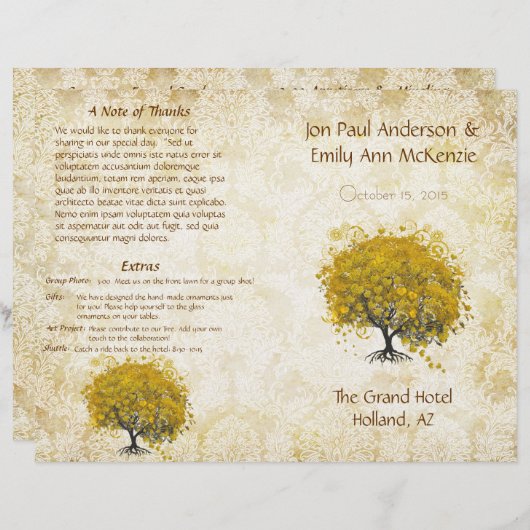 Whimsical Yellow Heart Leaf Tree Wedding Programme (Devant / Derrière)