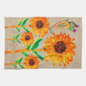Whimsical Yellow Zonnebloemen en Vogel Keuken Hand Theedoek (Horizontaal)