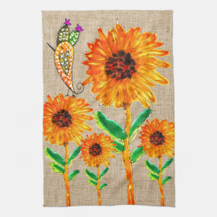 Whimsical Yellow Zonnebloemen en Vogel Keuken Hand Theedoek