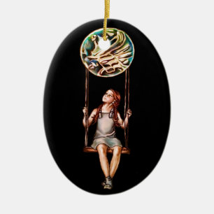 Whimsical Young Girl die op Blur Orb zwemt Keramisch Ornament