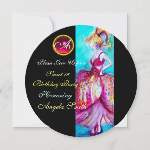 WHIMSICAL YOUNG GIRL SWEET 16 ARTIJ GEM MONOGRAM KAART