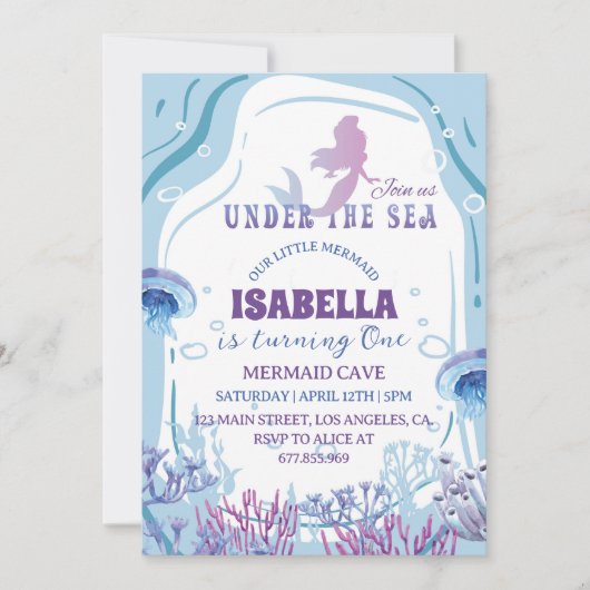 Whimsical Zeemeermin 1e Verjaardag Uitnodiging (Voorkant)