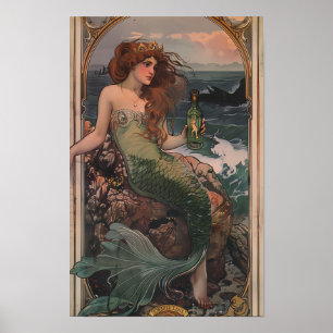 Whimsical Zeemeermin Poster met Gin Bottle - Fanta