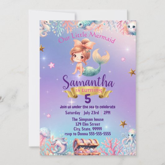 Whimsical Zeemeermin Verjaardagsuitnodiging voor M Kaart (Voorkant)